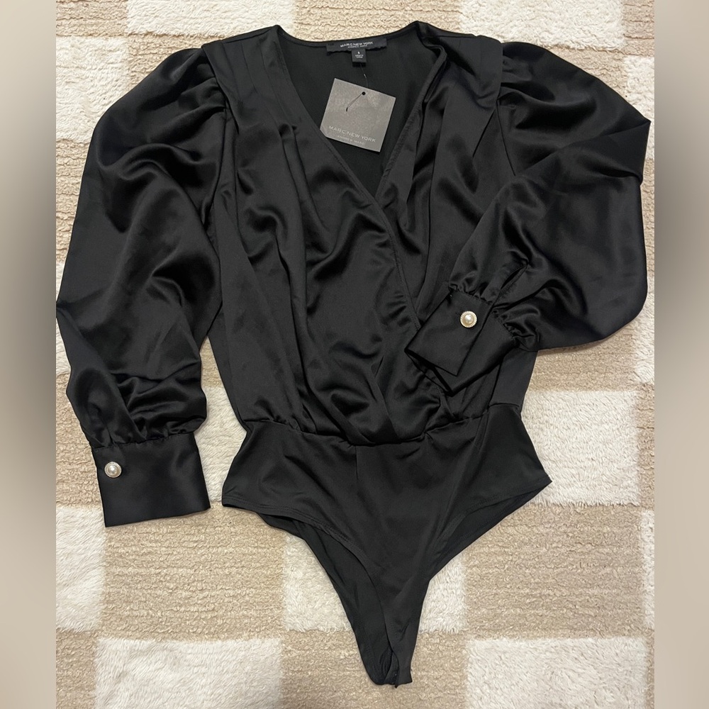 Marc New York Black Satin V-Neck Bodysuit with Pearl Cuffs